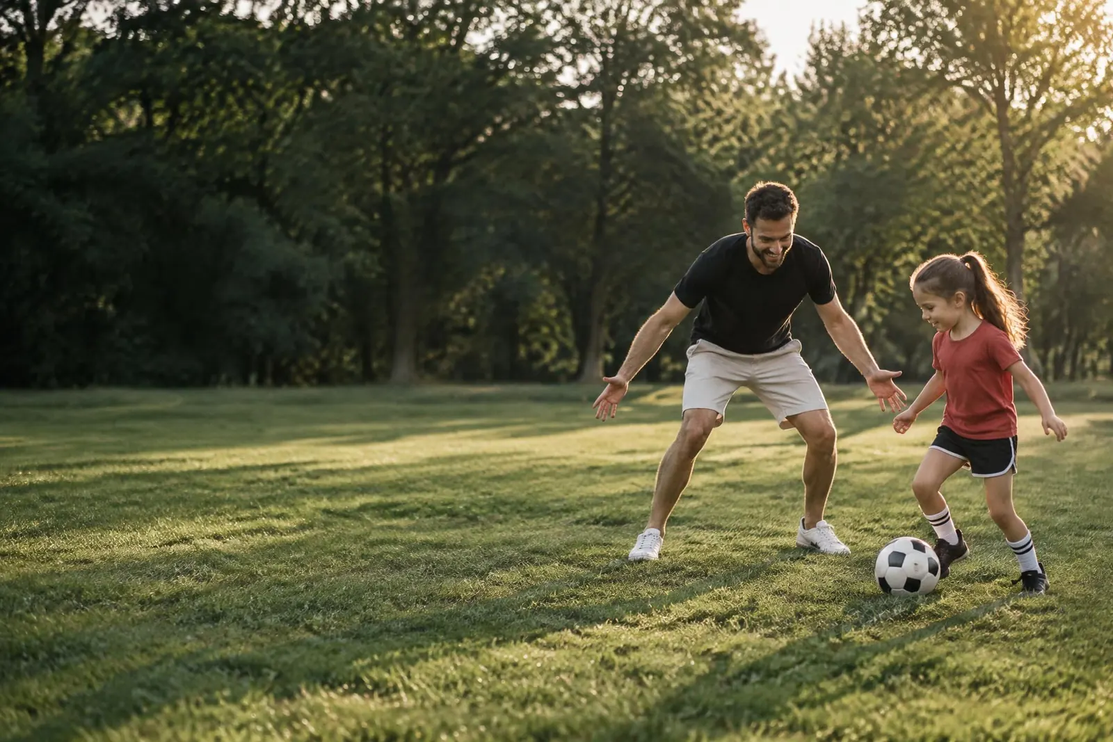 Original fictional father and daughter playing soccer together at golden hour